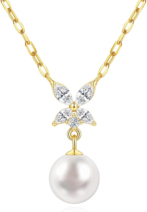 Pearl Necklace for Women with 14K Gold Plated S925 Silver & Butterfly Pendant Necklace, 17.7"+2" Chain Length, Gift for Birthday, Mothers Day, Christmas, Anniversary, Graduation