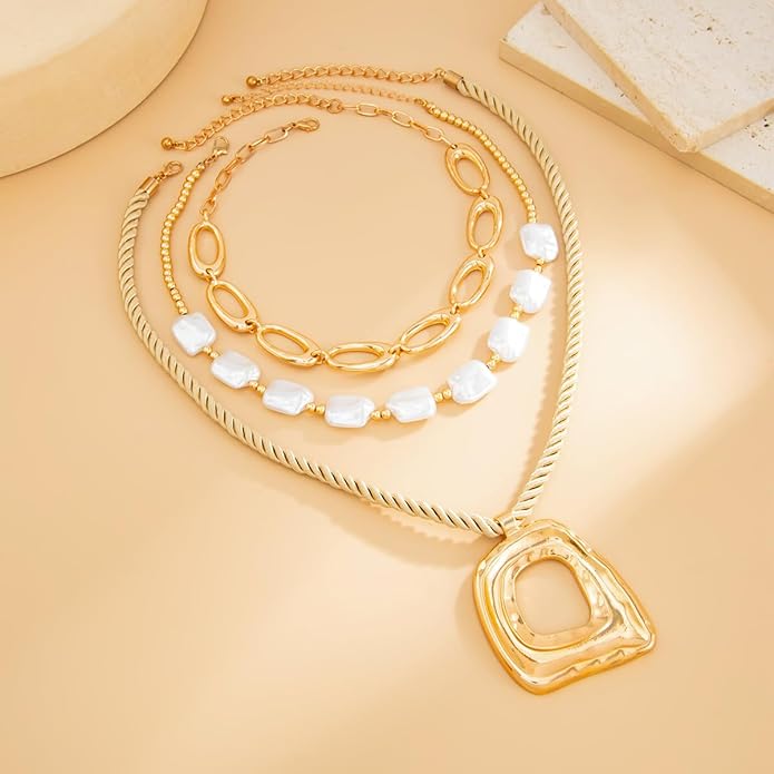PLOUTOS Statement Modern Geometric Hollow Square Pendant Rope Chain Necklace for Women Bold Fashion Layering Collarbone Jewelry Party Wear Accessory