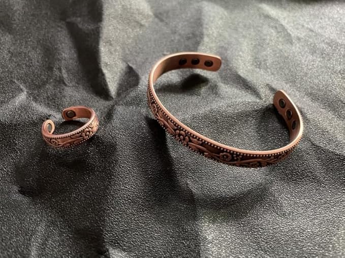 Vintage Flower Copper Bracelet and Ring,99.9% Pure Copper 3500 Gauss Strong Magnets