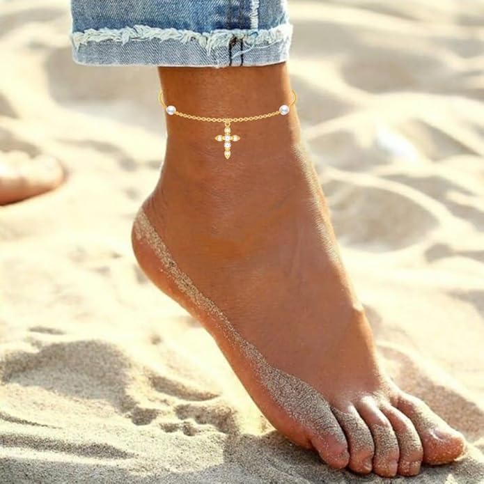 Solid 14K Gold Cross/Heart Anklet for Women, Real Gold Cross Bracelet Adjustable Beach Foot Ankle Bracelet Religious Fine Jewelry Gifts for Her Wife Mom Nana