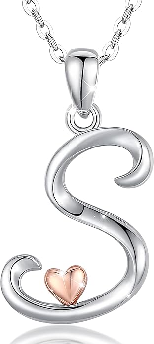 CELESTIA 925 Sterling Silver Initial Necklaces 26 Letter with Rose Gold Heart - 18 Inch Chain