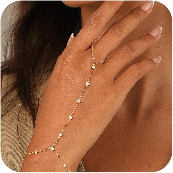 CHESKY 14K Gold Plated Hand Chain Bracelets for Women Set - Dainty Finger Ring Bracelet Stack Adjustable Hand Chains Durable Beaded Bracelets Trendy Simple Body Jewelry Gift for Women