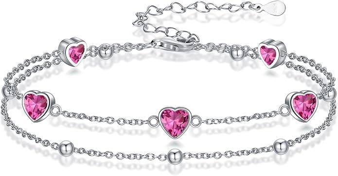 Birthstone Anklet/Bracelets for Women 925 Sterling Silver Charm Link Double Strand Heart Birthstone Jewelry Gift for Wife Women Mother's Day Gift