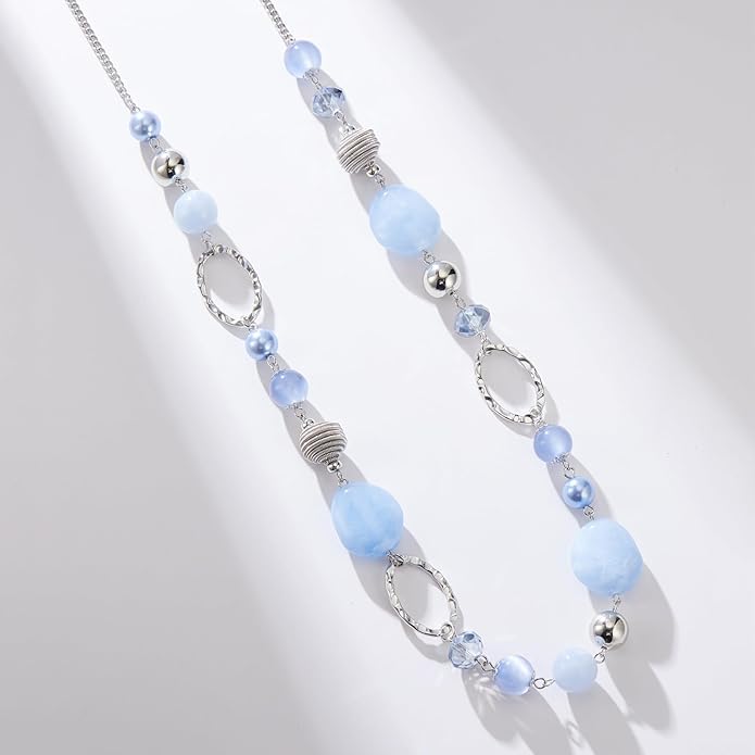 BULINLIN Beaded Long Necklace for Women Silver Sweater Chain Necklace with Crystal Resin Beads, Fashion Jewelry Necklace