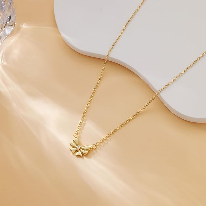 Valentines Day Gifts for Her - Dainty Bow Necklace for Women 14K Gold Plated Cute Choker Small Pendant Charm Necklaces Teen Gift Trendy Stuff Personalized Jewelry