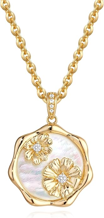MTMY Birth Flower Necklace 14K Gold Plated Mother of Pearl Disc Birth Month Flower Pendant Necklaces for Women Personalized Custom Floral Jewelry Birthday Gift