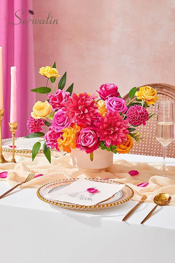 Serwalin Hot Pink Orange Artificial Flowers Silk Flowers - Image 8