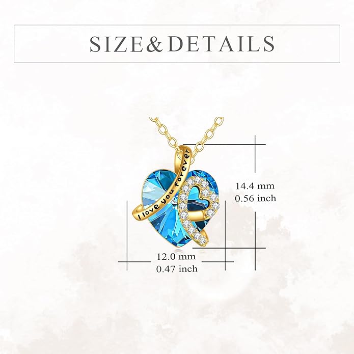 KECHO 14K Real Gold I Love You Forever Necklace Solid Yellow Gold Heart Birthstone Crystal Pendant Jewelry Birthday Mother's Day Anniversary Christmas Gifts for Women