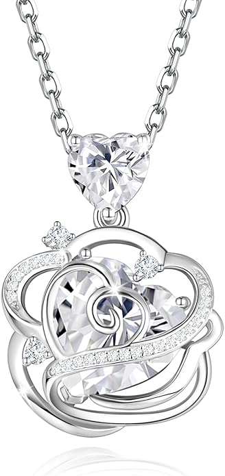 FANCIME Thornless Pulse Heart Birthstone Necklace for Women Sterling Silver Rose Pendant Fine Jewelry Gemstone Birthday Valentines Day Gifts for Wife Her