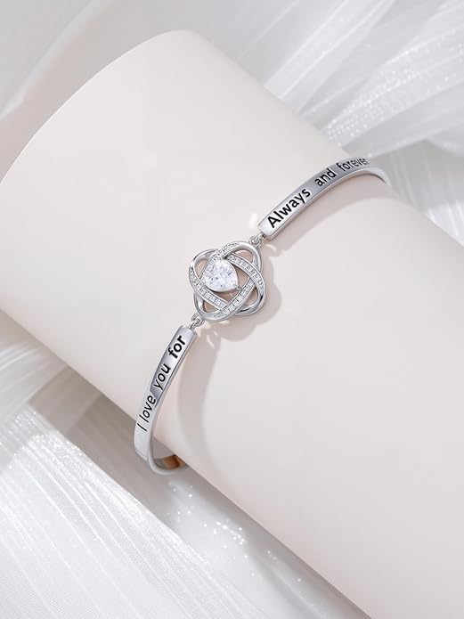 Valentines Day Gifts for Her, 18k White Gold Plated Love Knot Bracelets, Engraved Inspirational and Sentiment Bangle, Anniversary Birthday Jewelry Gift for Lover Wife Girlfriend Sister Friends