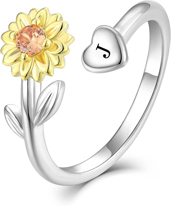 STARCHENIE Sunflower Initial Ring for Women 925 Sterling Silver Letters A-Z 26 Alphabet Adjustable Ring Size 7