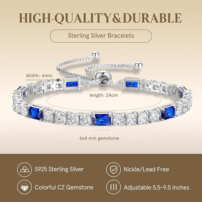 FANCIME Birthstone Bracelet for Women, Sterling Silver 4x6mm Gemstone Tennis Bracelet Bolo Adjustable Chain Fine Jewelry Birthday Gifts for Women Mom Wife Her