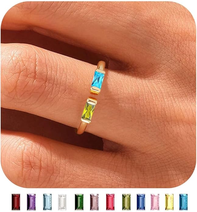 WFYOU Gold Birthstone Rings for Women - Non Tarnish Dainty 14K Gold Plated Stackable CZ Rings for Her & Couples - Personalized Jewelry Gift for Birthday
