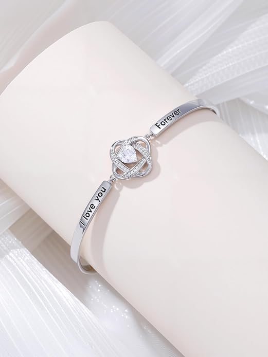 Valentines Day Gifts for Her, 18k White Gold Plated Love Knot Bracelets, Engraved Inspirational and Sentiment Bangle, Anniversary Birthday Jewelry Gift for Lover Wife Girlfriend Sister Friends