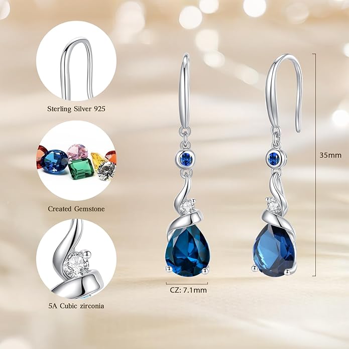 FANCIME Women Drop Earrings 925 Sterling Silver with Pear Gemstone Dangle Birthstone Earring Fine Jewelry Birthday Gifts for Women