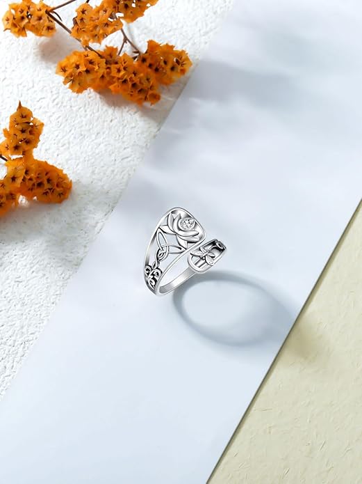 Midari Sun and Moon/Bee/Celtic/Life of Tree/Lotus Spoon Ring for Women 925 Sterling Silver Adjustable Ring Open Ring for Women Men Halloween Birthday Gift