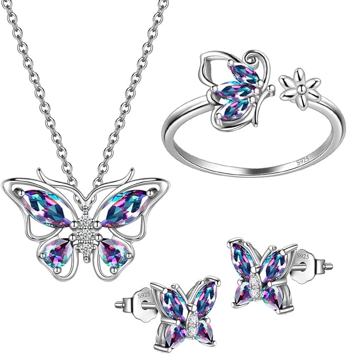 925 Sterling Silver Birthstone Butterfly Jewelry Women Crystal Animal Cute Butterflies Birthday Necklace/Earring/Ring/Bracelet Sets Birth Stone Statement Anniversary Jewellery