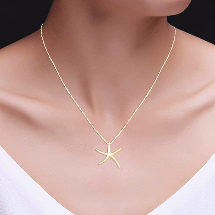 Starfish Charm Pendant Necklace for Women 14K Gold Plated 925 Sterling Silver Ocean Beach Jewelry with 18 Inch Rope Chain Summer Gift