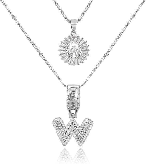 Initial Letter Necklace for Women 14k White Gold Silver Plated Dainty Necklaces Trendy Chunky Custom Layered Necklace Set Personalized Round Circle Zirconia A-Z Letter Chain Pendant Jewelry Gift