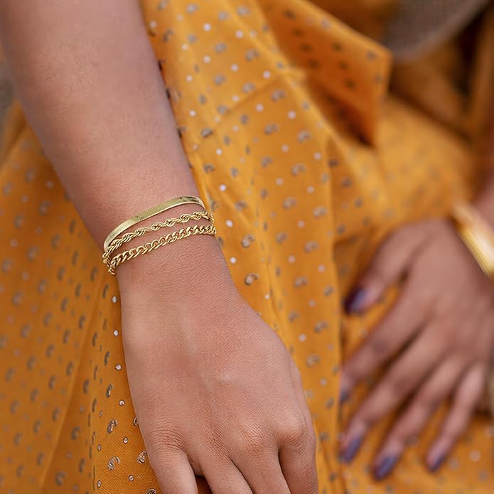 Emibele Gold Bracelets for Women, Dainty Adjustable 14K Gold Plated Bracelet Stack, Elegant Beaded Link Chain Bracelet Sets, Jewelry Gifts for Women