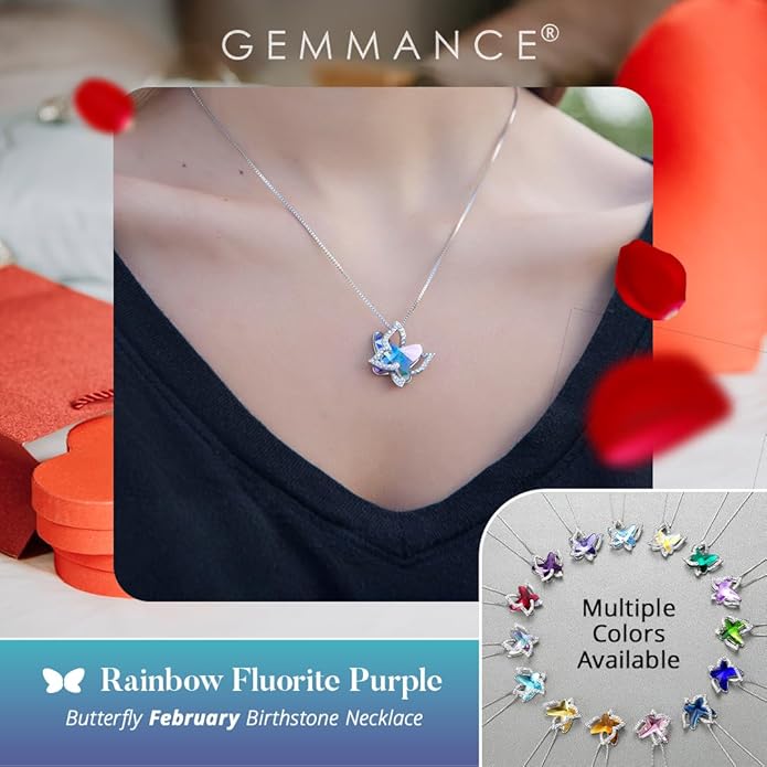 Valentine's Day Gift Butterfly Birthstone Crystal Necklace, Silver Tone with 18”+2” Chain, Necklace for Mother’s Day Anniversary Birthday Gifts for Women and Daughter