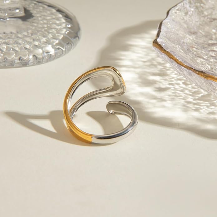 Chunky Rings For Women, Gold Silver Thumb Ring Asymmetrical Wavy Curve Ring Adjustable Non Tarnish Dainty Stainless Steel New Year Anniversary Birthday Jewelry Gift