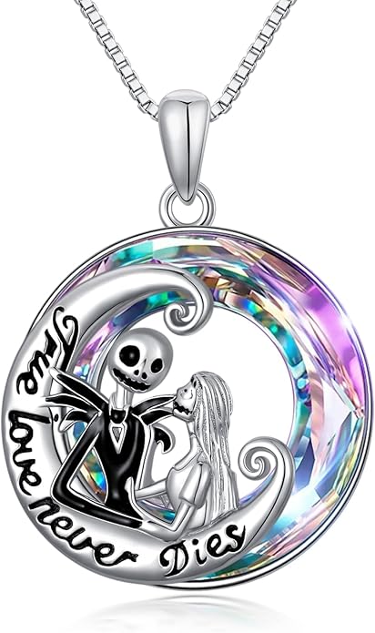 LILALO Nightmare Necklace Sterling Silver Abalone Shell Crystal Jack and Sally Necklace Jack Skellington Skull Jewelry Skull Necklaces for Women