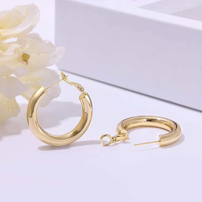 sovesi Chunky Gold Hoop Earrings for Women with 925 Sterling Silver Post, 14K Gold Plated Small Thick Gold Hoops Earrings for Women