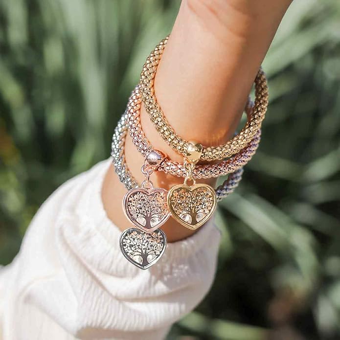 Crystal Charms Multilayer Bracelets - 3PCS Gold/Silver/Rose Gold Corn Chain Bracelet for Women, Tree of Life Heart Shaped Stretch Bracelet