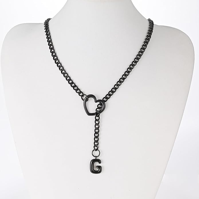 Black Heart Slip Chain Initial Necklaces for Women,Stainless Steel O-Ring Adjustable Lariat Heart Y-Necklace,Punk Gothic Cuban Collar Choker Necklace for women