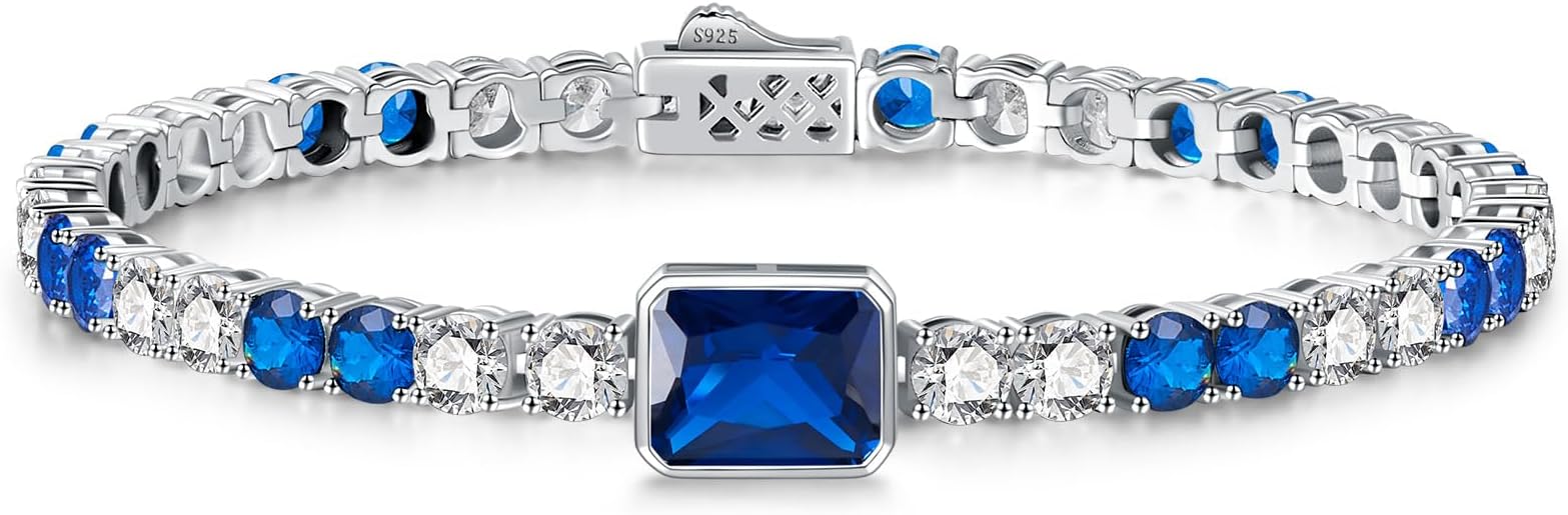 Birthstone Bracelets for Women Birthday Gifts 4CT Radiant Cut Birthstone 4mm Sterling Silver White Gold Tennis Bracelets for Women Round Cut 5A Cubic Zirconia Bezel Setting 7 Inch