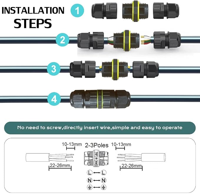 IP68 Waterproof 2 Way 2 Pin Junction Box Electrical Cable Connector, 5 Pack - Image 2