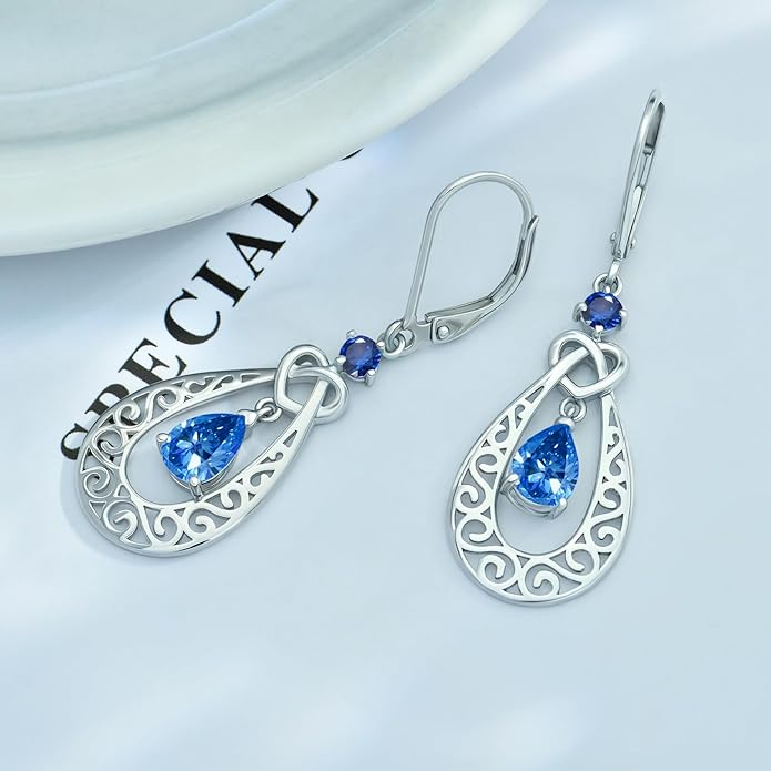 Teardrop Birthstone Dangle Drop Earrings Sterling Silver Infinity Filigree Leverback Earrings, Infinity Love Birthday Anniversary Valentines Day Gifts for Her Women Mom Wife