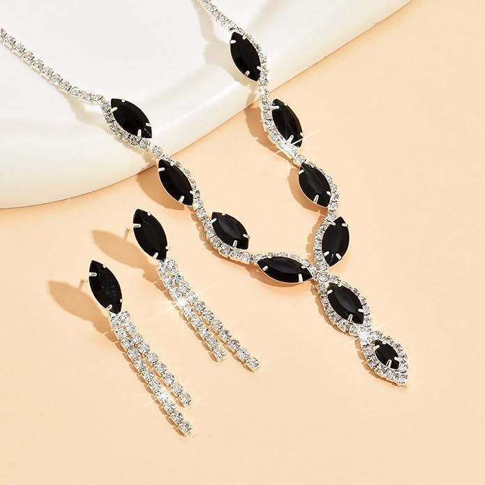Silver Rhinestone Prom Jewelry Set for Women,Black Glitter Crystal Chain Choker Necklace Cz Drop Earring for Wedding Bridal,Formal Costume Accessories