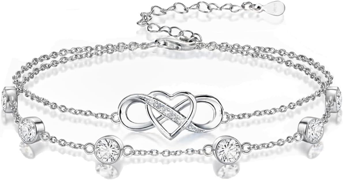 Prismata Infinity Birthstone Charm Link Bracelet 925 Sterling Silver Adjustable 12 Months Birthstone Infinity Bracelet Birthday Jewelry Gifts for Women Mom Her,with 7"+2" chain