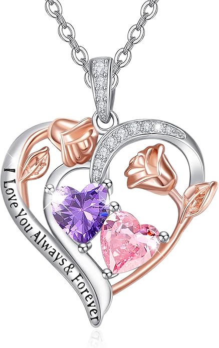 Valentine's Day Gifts for Wife 925 Sterling Silver Double Birthstone Pendant Necklaces I Love You for Always and Forever Necklace Anniversary Birthday Gifts for Wife Girlfriend Mom Her