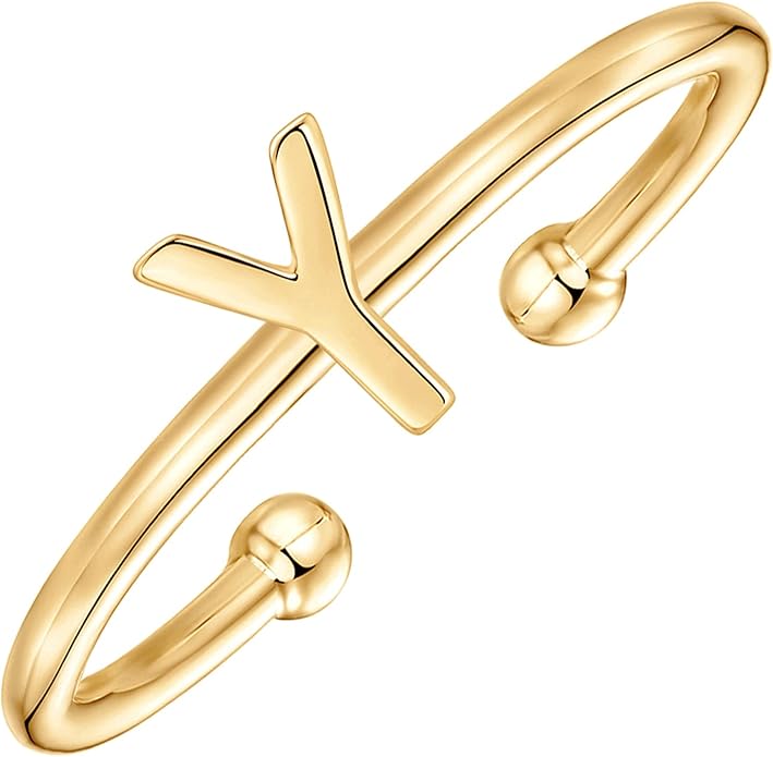 PAVOI 14K Gold Plated Initial Letter Adjustable Ring for Women - Thin Initial Band - Dainty Fashion Jewelry Gifts