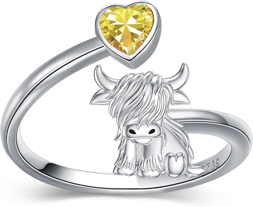 Highland Cow Ring 925 Sterling Silver Adjustable Ring Birthstone Ring Engraved Name Highland Cow Gifts Jewelry for Women