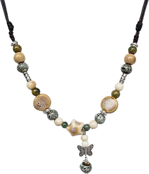 Adjustable Ceramic Beaded Necklace for Women, Boho Handmade Flower Pendant Necklace, Hippie Jewelry for Mom and Wife