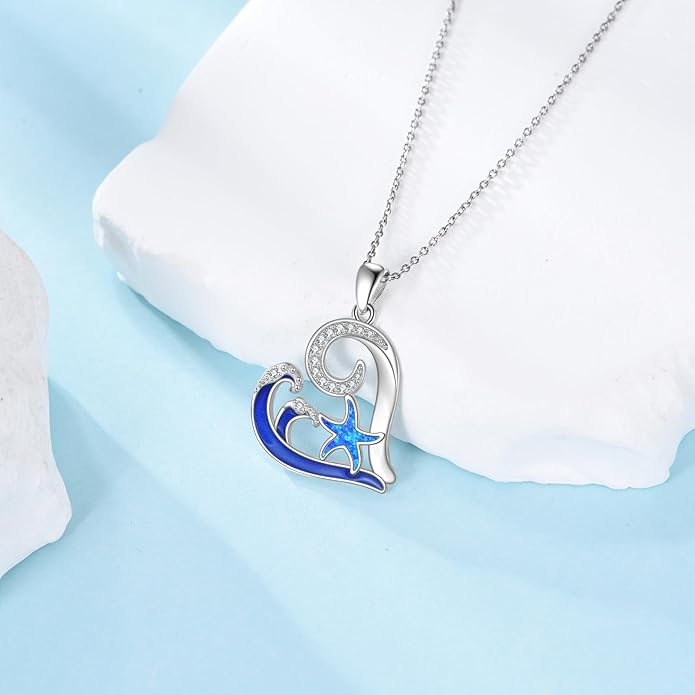 Starfish Necklace 925 Sterling Silver Wave Pendant Blue Opal Starfish Ocean Necklace Jewelry Beach Themed Gifts for Women