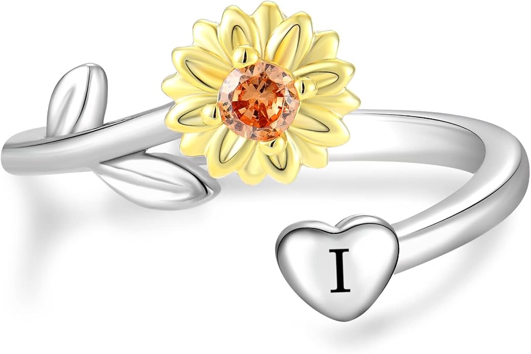 STARCHENIE Sunflower Initial Ring for Women 925 Sterling Silver Letters A-Z 26 Alphabet Adjustable Ring Size 7