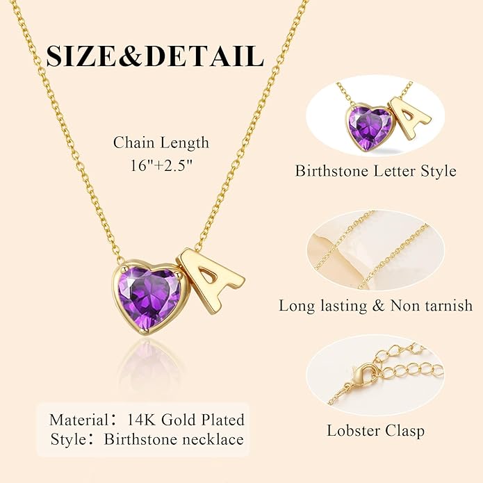 Valentines Day Gifts for Her- Heart Birthstone Initial Necklace for Women Girls,14K Gold Plated Heart Letter A-Z Necklace Birthday Trendy Jewelry Gifts for Women Girls Daughter