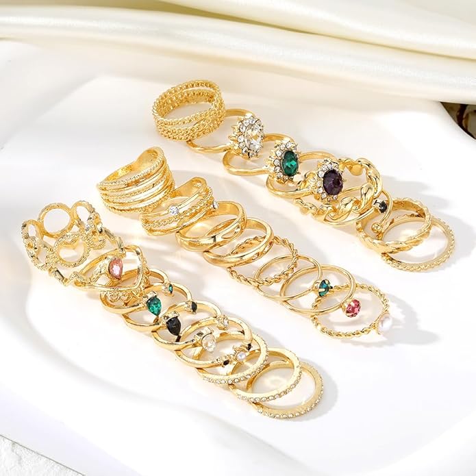19-36 Pcs Gold Boho Knuckle Rings Set for Women, Vintage Stackable Dainty Joint Finger Gold Jewelry Set with Love Pearl and Sparkling Crystals