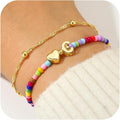 Ursteel Valentines Day Gifts for Kids Teen Girls - 14K Gold Plated Beaded Letter A-Z Bracelet, Layered Stretch Initial Bracelets, Women Trendy Bohemian Jewelry Birthday Gifts