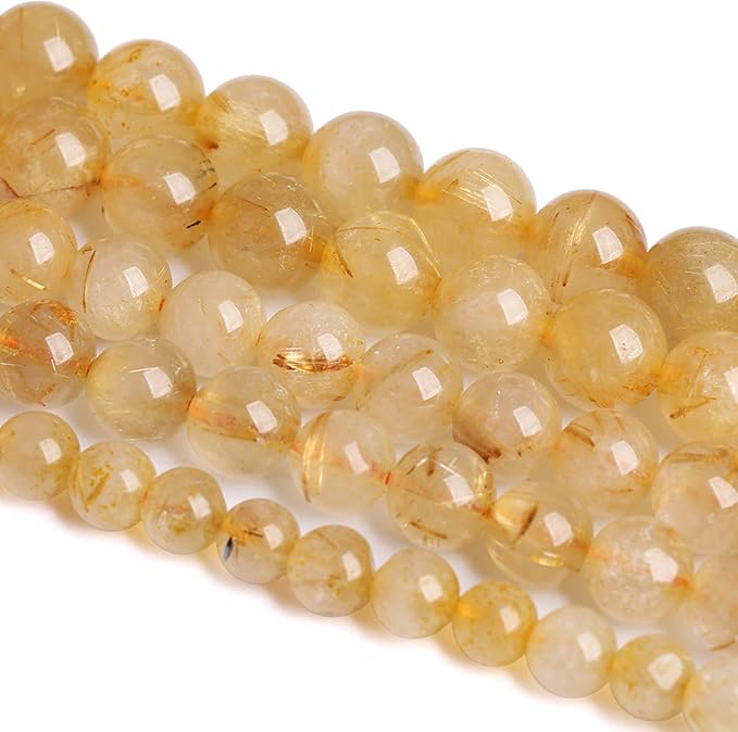 10MM 36PCS Natural Stone Golden Rutile Quartz Beads Gemstone 2A Grade Actinolite Semi Precious Crystal Loose Beads for Jewelry Making DIY Bracelet Necklace 1 Strand
