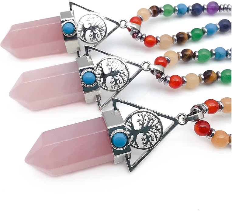EDEN'S CALL Tree of Life 7 Chakra Stone Beads Necklace for Women and Men Hexagonal Crystal Point Pendant Necklace