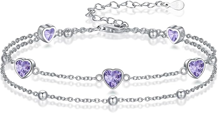 Birthstone Anklet/Bracelets for Women 925 Sterling Silver Charm Link Double Strand Heart Birthstone Jewelry Gift for Wife Women Mother's Day Gift