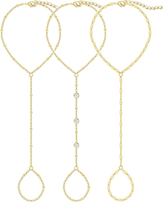 3PCS 14K Gold-Plated Hand Chain Bracelets for Women, Stack Bracelets Set Adjustable, Trendy Dainty Ring Bracelet Hand Chain