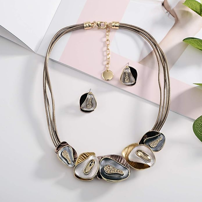 AMYJANE Vintage Statement Jewelry Set - Spring Leaf Flower Floral Plant Necklace Earring Set Crystal Rhinestone Fashion Costume Jewelry for Women Prom Party Unique Gift