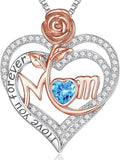 Rose Birthstone Gifts for Mom, S925 Sterling Silver Rose Heart Pendant Birthstone Necklace Mothers Day Valentines Day Christmas Birthday Jewelry Gifts for Mom